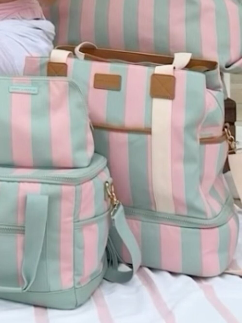 Poppy & Peonies Pink and Aqua Striped Canvas Tote with White Straps and Tan Trim